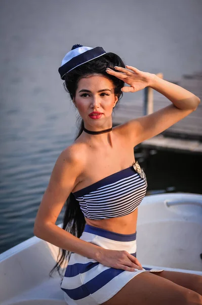 Beautiful Sexy Blonde Model Posing Yacht — Stock fotografie