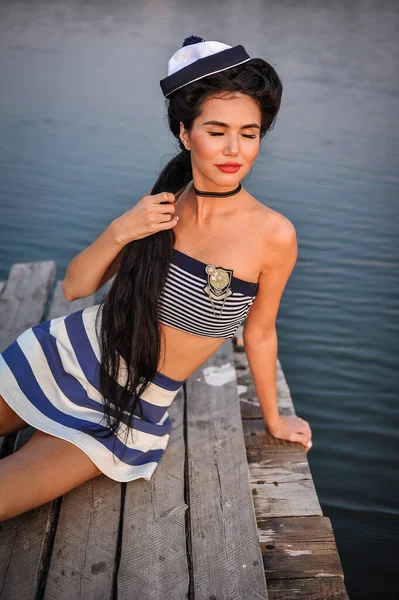 Beautiful Young Woman Black Swimsuit Pier — Stock fotografie