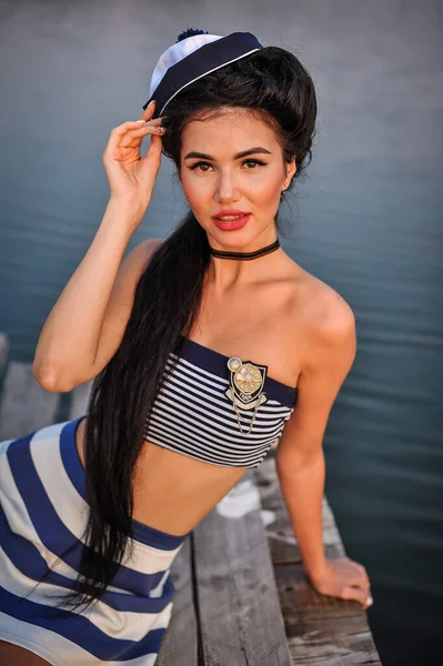 Beautiful Young Woman Swimsuit Yacht — 스톡 사진