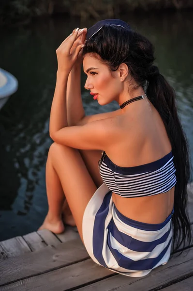 Beautiful Young Woman Posing Water Beach Red Swimsuit — Stock fotografie