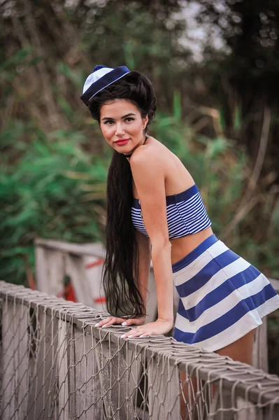 Beautiful Young Woman Hat Striped Dress Background Sea — Stock fotografie