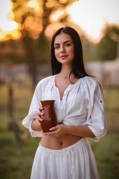 Beautiful Young Woman White Dress Cup Coffee — Stok fotoğraf