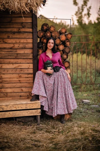 Beautiful Young Woman Red Dress Basket Wine — Stock Fotó