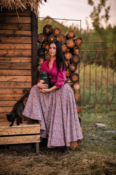 Beautiful Girl Dog Hands Young Woman Red Dress — Φωτογραφία Αρχείου