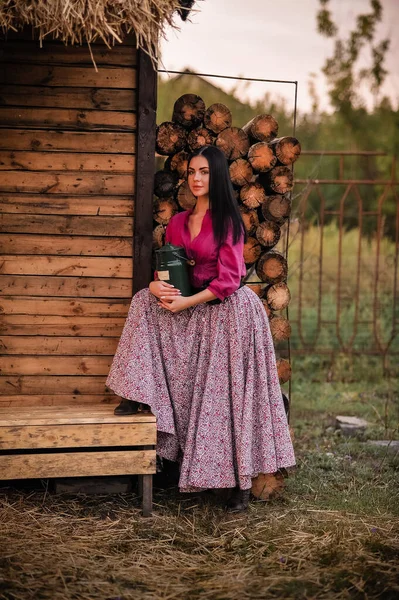 Beautiful Young Woman Red Dress Basket Wine — Stock Fotó