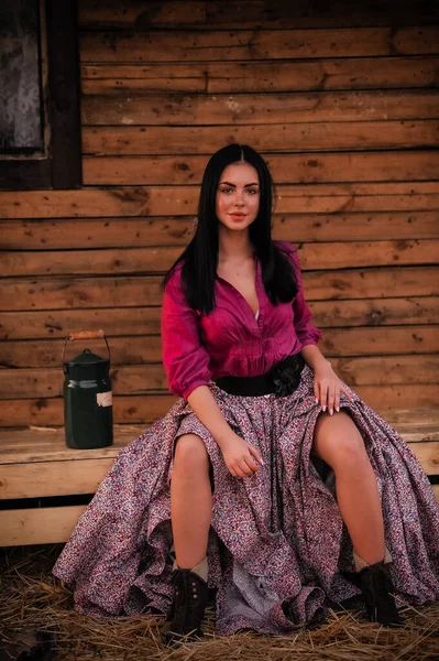 Beautiful Young Woman White Dress Hat Wooden Background — Φωτογραφία Αρχείου