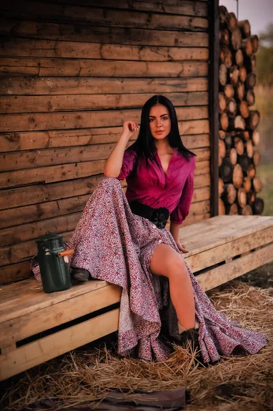 Beautiful Young Woman Dress Wooden Background — Stockfoto