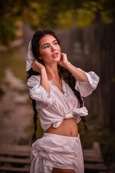 Beautiful Young Woman White Dress Veil Wooden Bridge — Foto de Stock