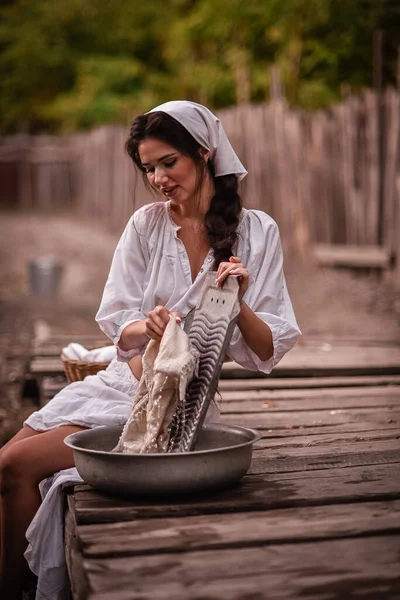 Young Woman White Dress Apron Sitting Bench Farm Bakery — Stock Photo, Image