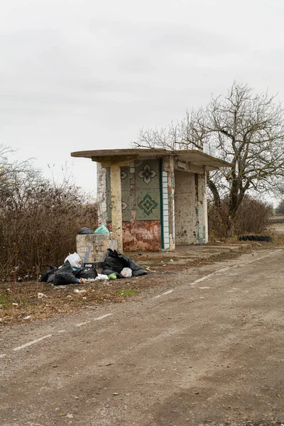 Odessa Region Ukraine November 2021 Mountains Garbage Bus Stop Environmental — стоковое фото