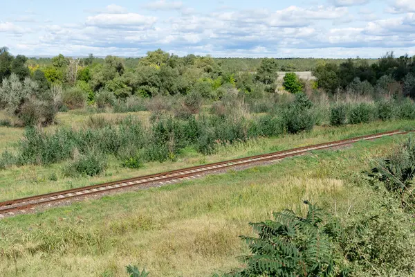 Железная Дорога Через Долину Железнодорожные Пути Проходят Через Кусты — стоковое фото