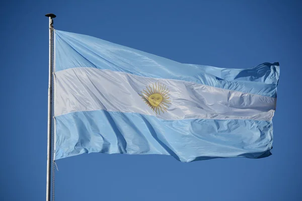 하늘색 흰색의 아르헨티나 국기가 바람에 나부끼고 있습니다 아르헨티나 공화국의 상징물 — 스톡 사진