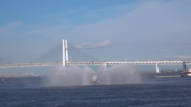 Tugboat Used Water Jet Send Akira Spectacular Water Jet Yokohama — 图库视频影像