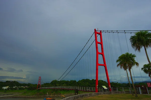 Red Suspension Bridge Agongdian Reservoir First Reservoir Completed Taiwan World — Stock Photo, Image