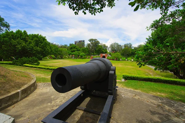 Old cannons. Eternal Golden Fort in the beautiful red brick tunnel landscape. Erkunshen Fortress. The ruins of a defensive castle built with cannons in Tainan, Taiwan