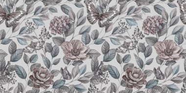 Çiçeksiz desenli klasik şakayık, ortanca, şakayık, yaprak ve diğer çiçeklerle. Elle çizilmiş. Göz kamaştırıcı bir tasarım. Yapım duvar kağıtları, kumaş ve kumaş baskısı için iyidir.. 