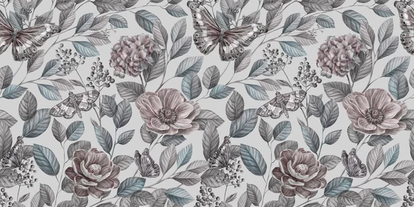 Çiçeksiz desenli klasik şakayık, ortanca, şakayık, yaprak ve diğer çiçeklerle. Elle çizilmiş. Göz kamaştırıcı bir tasarım. Yapım duvar kağıtları, kumaş ve kumaş baskısı için iyidir.. 