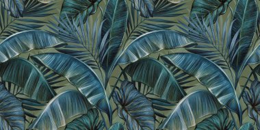 Koyu renkli muz yaprakları, palmiye yaprakları ve kolokasyonu olan tropik, egzotik, pürüzsüz bir desen. Elle çizilmiş 3D çizim. Yapım duvar kağıtları, hediye kağıdı, kumaş, kumaş baskısı, mallar için iyidir..