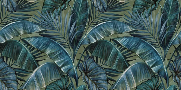 Tropical Exotic Seamless Pattern Dark Night Vintage Banana Leaves Palm — Stock Photo, Image