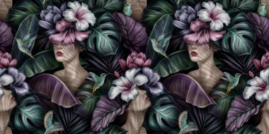 Kadın, canavar, amber çiçeği, muz yaprağı, palmiye ve kolokasya ile tropik, egzotik, dikişsiz desen. El yapımı 3 boyutlu vintage çizimler. Lüks duvar kağıtları, kumaş ve kumaş baskısı için iyidir.. 