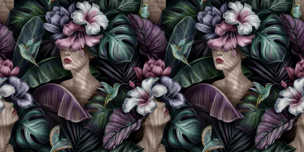 Tropikalny Egzotyczny Wzorzec Bez Szwu Kobietą Potworem Kwiatem Hibiskusa Liśćmi — Zdjęcie stockowe