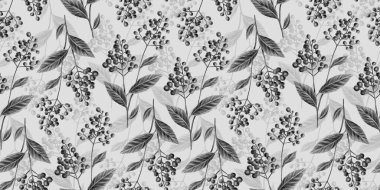 Klasik grafik kuş kirazlı ve yapraklı botanik kusursuz desen. Elle çizilmiş illüstrasyon. Beyaz ve siyah tasarım. Üretim amaçlı lüks duvar kağıtları, kumaş ve kumaş baskıları için iyidir..
