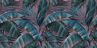 Koyu renkli muz yaprakları, palmiye yaprakları ve kolokasyonu olan tropik, egzotik, pürüzsüz bir desen. Elle çizilmiş 3D çizim. Üretime elverişli duvar kağıtları, kumaş, kumaş baskı, ürünler için iyi..