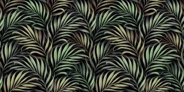 Güzel yeşil, bej, gri palmiye yaprakları olan tropik, pürüzsüz bir desen. El yapımı hd vintage 3D resim. Göz kamaştırıcı egzotik soyut arka plan tasarımı. Lüks duvar kağıtları, kumaş baskısı, kağıt, duvar halısı, poster, yapıştırma kitabı için iyidir.