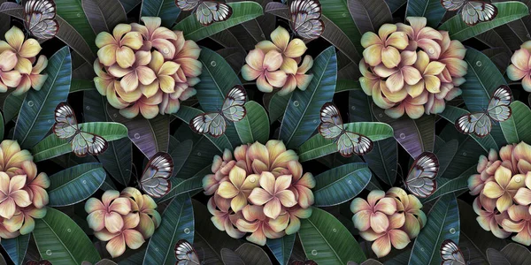Plumeria Blommor Buketter Tropiska Sömlösa Mönster Vintage Exotisk Illustration Effekt — Stockfoto