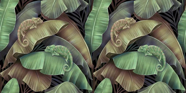 Tropické Exotické Bezešvé Vzory Chameleony Plazů Vinobraní Banánových Listů Palmy — Stock fotografie