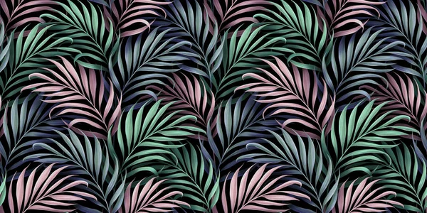 热带无缝图案 美丽的绿色 蓝色棕榈叶 手工绘制的老式3D插图 迷人的异国情调的抽象背景设计 适用于高档墙纸 面料印刷 — 图库照片