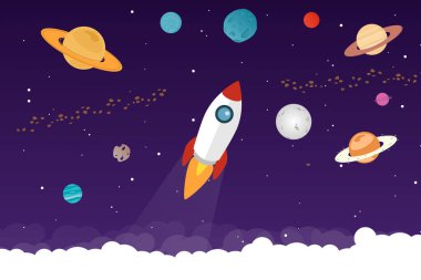 Uzay gezegeni ve roket çizgi filmi. Uzayda uzay gemisi.