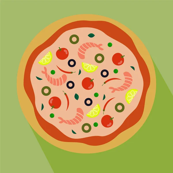 Limonlu, biberli, karidesli, biberli, domatesli bir pizzanın resmi.