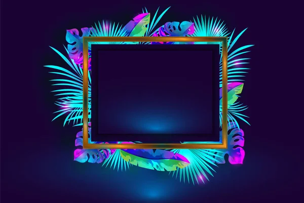 Dunkler Hintergrund Tropische Blätter Psychedelische Farbe Frame Karte — Stockvektor