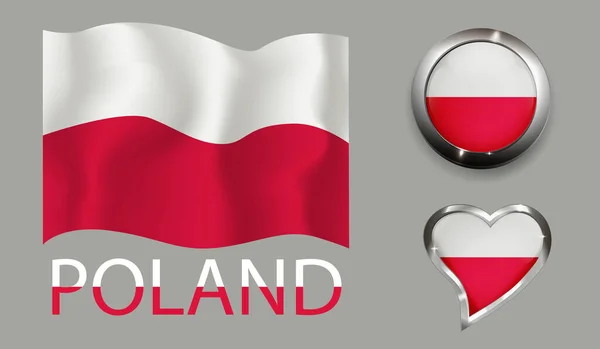 Ustawić Naród Polska Flaga Błyszczące Serce Przycisk — Wektor stockowy