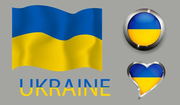 Set Nation Ukraine Flag Glossy Button Heart — стоковый вектор