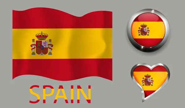 Set Nation Spain Flag Glossy Button Heart — Stock vektor