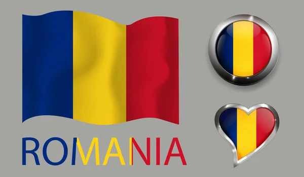 Set Nation Romania Flag Glossy Button Heart Romania — ストックベクタ