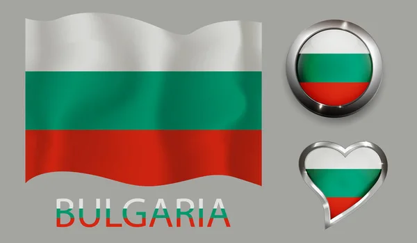 Nastavit Národ Bulharsko Vlajka Lesklé Tlačítko Srdce — Stockový vektor