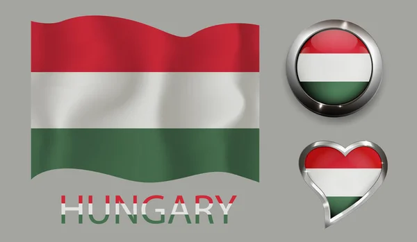 Set Nation Hungary Flag Glossy Button Heart — стоковий вектор