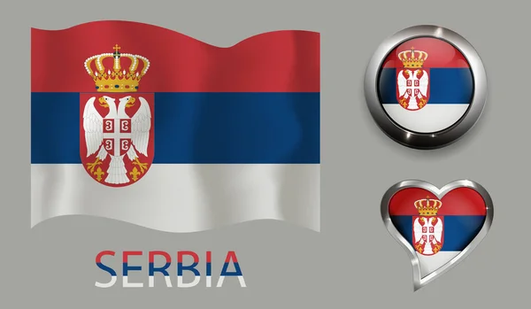 Set Nation Serbia Flag Glossy Button Heart — стоковый вектор