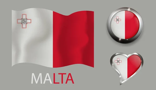 Set Nation Malta Flag Glossy Button Heart — Stockvektor