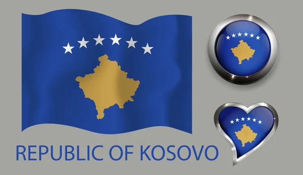 Set Nation Kosovo Flag Glossy Button Heart — ストックベクタ