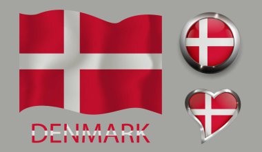set nation Denmark flag glossy button heart