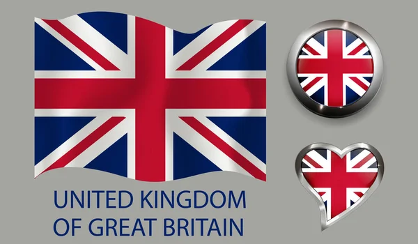  set nation United Kingdom of Great Britain flag glossy button heart