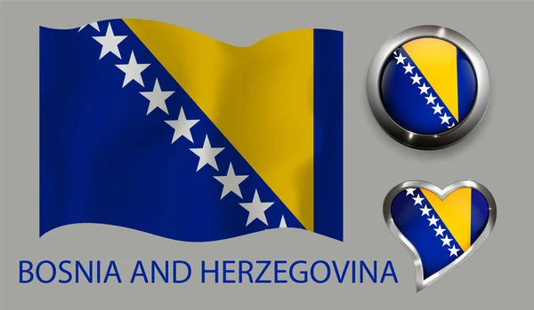 Set Nation Bosnia Herzegovina Flag Glossy Button Heart — Stock Vector