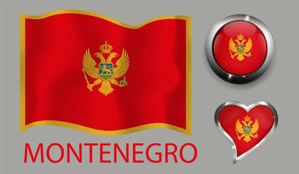 Set Nation Montenegro Flag Glossy Button Heart — Stock vektor
