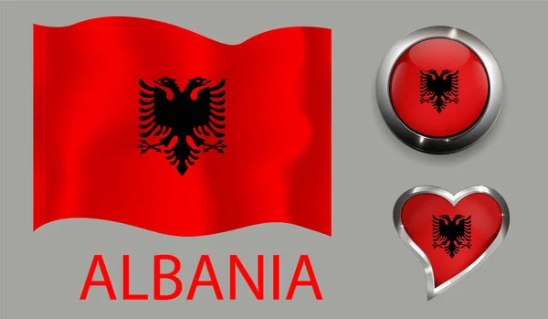 Set Nation Albania Flag Glossy Button Heart — Stock Vector