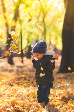 Sonbahar yapraklarında oynayan çocuk