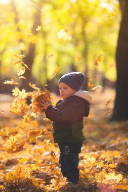 Sonbahar yapraklarında oynayan çocuk